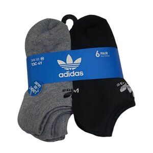 Adidas No Show Socks 6 Pair Pack 13C-4Y Heather Grey & Black 97% Polyester
